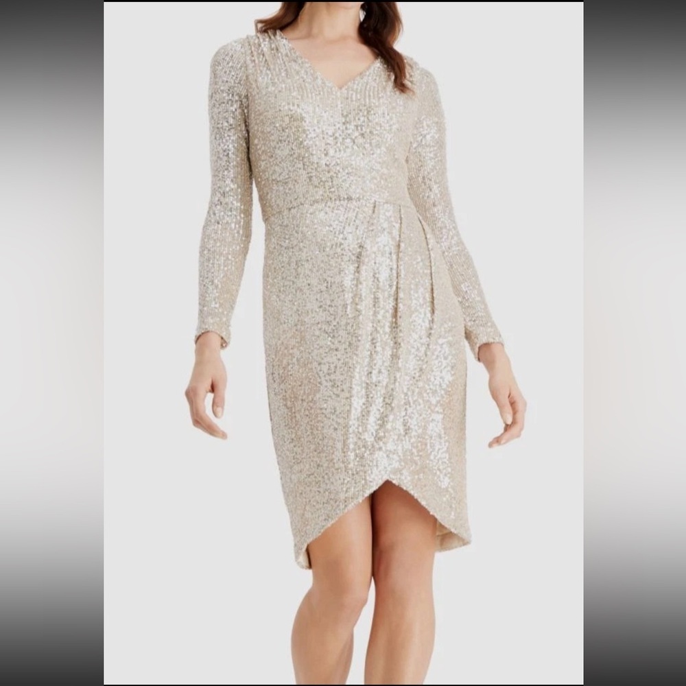 RARE CALVIN KLEIN NWT Sequined Faux-Wrap Dress in Light Gold—4